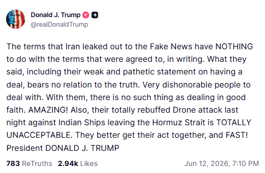 MrSandeepPhogat's tweet photo. 🚨Trump - Drone attack last night against Indian 🇮🇳 Ships leaving the Hormuz Strait is TOTALLY UNACCEPTABLE. https://t.co/7WLJGMHPr4