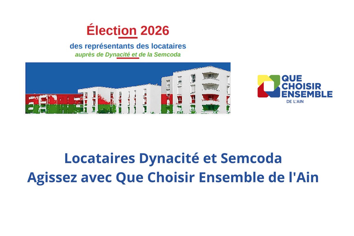 ainquechoisir's tweet photo. Notre association Que Choisir Ensemble de l’Ain va proposer deux listes pour participer aux élections des représentants des locataires auprès de Dynacité et de la Semcoda :

https://t.co/lmyLB4S9vb

#défensedesusagers #QueChoisirEnsembledelAin https://t.co/SOccU7fj1U