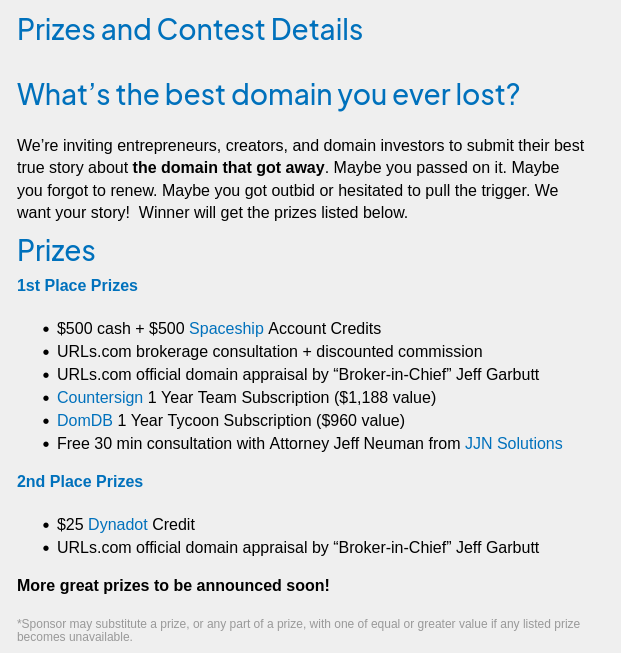 domdbcom's tweet photo. "What’s the best domain you ever lost?"

Answer this question on https://t.co/POVz1gD5vz (@urlsbroker) and you could win a free 1 year subscription to DomDB's Tycoon plan ($960 value):

https://t.co/tKFnDMQO3u https://t.co/0xI3fHfZEt