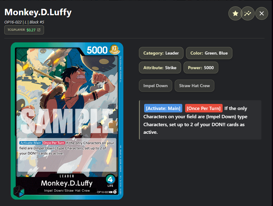 The_Egman's tweet photo. Deck Builder/Market Tools: https://t.co/VrEsTnkweo

Happy One Piece Card Game OP16 Release Everyone! 

To help celebrate, Egman Events' card database has been fully integrated with @TCGplayer across all our games!

- Prices/links to all cards in our database
- A new Market tab
- The ability to see the price per printing

And a new patreon perk of the all printings database

Check it out and let us know what you think!