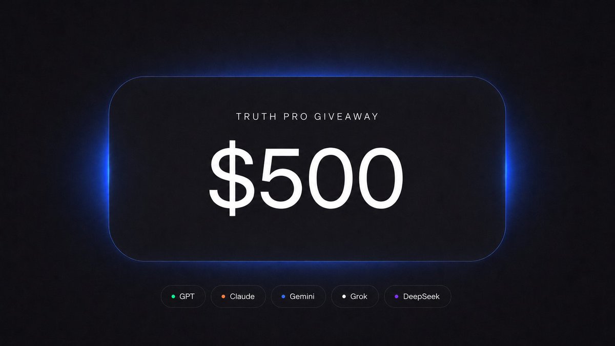 agnt_hub's tweet photo. $500 Giveaway: 40,000 Credits for Truth Pro Users

A lot of you have upgraded since we launched Truth.

To say thanks, we’re giving away 40,000 credits ($500 value) and splitting them across 10 of our active Pro subscribers (4,000 credits each).

How to enter:

1️⃣ Have an active Pro plan on Truth by Friday 19th.

2️⃣ Reply to this post with a screenshot of a Truth debate you ran.

3️⃣ Drop the link to your reply and your account email in this quick form so we can verify your Pro status: https://t.co/omp96tHjOw

We will randomly select 10 accounts when the deadline hits. If you win, the credits will be dropped directly into your balance.

Good luck.