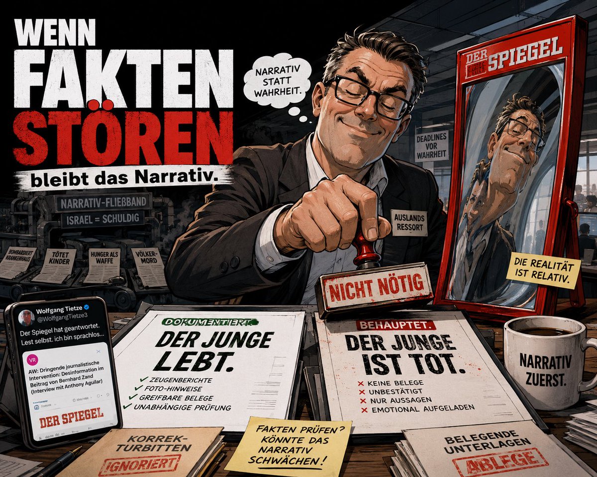 MikhaElTzaDiK's tweet photo. 𝗗𝗲𝗿 𝗧𝘄𝗲𝗲𝘁 𝘃𝗼𝗻 𝗪𝗼𝗹𝗳𝗴𝗮𝗻𝗴 𝗧𝗶𝗲𝘁𝘇𝗲 (@WolfgangTietze3) 𝗶𝘀𝘁 𝘇𝗶𝗲𝗺𝗹𝗶𝗰𝗵 𝗮𝘂𝗳𝘀𝗰𝗵𝗹𝘂𝘀𝘀𝗿𝗲𝗶𝗰𝗵. Der Mann hat früher selbst jahrelang beim #Spiegel gearbeitet und kennt den Laden von innen. Jetzt hat er sich über ein Interview beschwert, und die Antwort, die er bekommen hat, hat ihn einfach nur sprachlos gemacht. Wenn man den Screenshot sieht, versteht man auch sofort warum.

𝗘𝘀 𝗴𝗲𝗵𝘁 𝘂𝗺 𝗱𝗶𝗲𝘀𝗲𝘀 𝗜𝗻𝘁𝗲𝗿𝘃𝗶𝗲𝘄 𝗺𝗶𝘁 𝗔𝗻𝘁𝗵𝗼𝗻𝘆 𝗔𝗴𝘂𝗶𝗹𝗮𝗿, in dem ein achtjähriger Junge aus #Gaza als tot dargestellt wird. Angeblich von israelischen Kräften erschossen, während er bei der Gaza Humanitarian Foundation Hilfe holen wollte. Klassisches Drama, perfektes Material fürs übliche #Narrativ.

𝗡𝘂𝗿 𝗱𝗮𝘀𝘀 𝗱𝗲𝗿 𝗝𝘂𝗻𝗴𝗲 𝗹𝗲𝗯𝘁. Er heißt Abood, ist wohlauf und in Sicherheit. Das bestätigt die #GHF selbst, zusammen mit der US-Botschaft und anderen Stellen, die ihn und seine Familie rausgebracht haben.

𝗨𝗻𝗱 𝘄𝗶𝗲 𝗿𝗲𝗮𝗴𝗶𝗲𝗿𝘁 𝗱𝗲𝗿 𝗦𝗽𝗶𝗲𝗴𝗲𝗹 𝗱𝗮𝗿𝗮𝘂𝗳? Mit dieser typischen Antwort vom Auslandsressortleiter: Das Interview habe den Tod nicht als hundertprozentige Tatsache präsentiert, man habe die Dementi der #GHF drin gehabt und kritisch nachgefragt. Eine Richtigstellung sei nicht nötig, weil es für beide Versionen keine unabhängige Verifizierung gebe. Die Aussage, dass der Junge lebt, stütze sich ja nur auf die GHF - und das sei schließlich die „beschuldigte Organisation“.

𝗡𝗮 𝘀𝘂𝗽𝗲𝗿. Wenn ein Kind angeblich erschossen wurde und sich dann herausstellt, dass es lebt und gerettet wurde, dann ist das für die kein Grund, etwas klarzustellen? Stattdessen machen sie einen auf ausgewogen und stellen eine widerlegte Anschuldigung auf die gleiche Stufe wie die nachgewiesene Tatsache. Die GHF wird einfach als voreingenommen abgetan, weil sie halt Hilfe organisiert hat, ohne dass #Hamas mitmischt.

𝗗𝗮𝘀 𝗶𝘀𝘁 𝗴𝗲𝗻𝗮𝘂 𝗱𝗮𝘀 𝗠𝘂𝘀𝘁𝗲𝗿, das bei solchen Themen immer wieder auffällt. Hauptsache das Bild bleibt: #Israel als der, der Kinder tötet, sogar beim Verteilen von #Hilfsgütern. Und wenn die #Fakten das nicht mehr hergeben, wird eben nicht korrigiert, sondern rumgedoktert, warum man nichts ändern muss.

𝗧𝗶𝗲𝘁𝘇𝗲 𝗸𝗲𝗻𝗻𝘁 𝗱𝗮𝘀 𝗛𝗮𝘂𝘀 𝗹𝗮𝗻𝗴𝗲 𝗴𝗲𝗻𝘂𝗴, um zu wissen, wie das früher lief. Deshalb ist er sprachlos. Und ehrlich gesagt kann man ihm das nicht verdenken. Es geht hier nicht um harmlose Schlamperei. Es geht darum, dass ein Medium, das mal für gründliche #Recherche stand, lieber am eigenen Narrativ festhält, als einen klaren Fehler einzugestehen.

𝗗𝗮𝘀 𝘁𝗿𝗶𝗳𝗳𝘁 𝗜𝘀𝗿𝗮𝗲𝗹 𝗯𝗲𝘀𝗼𝗻𝗱𝗲𝗿𝘀 𝗵𝗮𝗿𝘁, weil solche Geschichten sofort durch die Welt geistern und das Bild zementieren, auch wenn sie später nicht mehr halten. Die GHF versucht gerade, Hilfe direkt zu den Menschen zu bringen und dabei die üblichen Strukturen zu umgehen. Und genau dafür wird sie mit in diese #Kampagne reingezogen.

𝗪𝗲𝗻𝗻 𝘀𝗲𝗹𝗯𝘀𝘁 𝗲𝗵𝗲𝗺𝗮𝗹𝗶𝗴𝗲 𝗠𝗶𝘁𝗮𝗿𝗯𝗲𝗶𝘁𝗲𝗿 𝘀𝗼 𝗲𝘁𝘄𝗮𝘀 ö𝗳𝗳𝗲𝗻𝘁𝗹𝗶𝗰𝗵 𝗺𝗮𝗰𝗵𝗲𝗻, weil sie die Antwort nicht mehr schlucken können, dann sagt das mehr über den aktuellen Zustand als jede Pressemitteilung.

⏬️ Quellen:

Tweet von Wolfgang Tietze:
Öffentliche Kritik an der Antwort des Spiegel-Auslandsressorts zum Aguilar-Interview.
https://t.co/IyrPrR5XJX

Statement der Gaza Humanitarian Foundation:
Einordnung der GHF zum Fall Abood und zur Rettung des Jungen.
https://t.co/kl913tfn3W

Bericht von The Jewish Chronicle:
Hintergrund zur Darstellung des Jungen als angeblich getötet und zur späteren Korrektur des Falls.
https://t.co/OirCWskqVm

Bericht von Middle East Monitor:
Quelle zur ursprünglichen Darstellung, wonach das Kind in Gaza angeblich tödlich getroffen worden sei.
https://t.co/1DBfzoSj2a