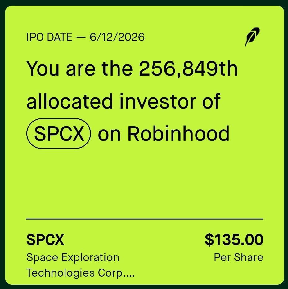 fhodson3's tweet photo. I was very lucky to get the one and only share I asked for. @SpaceX @RobinhoodApp @Tesla https://t.co/ebQ66MlVZG