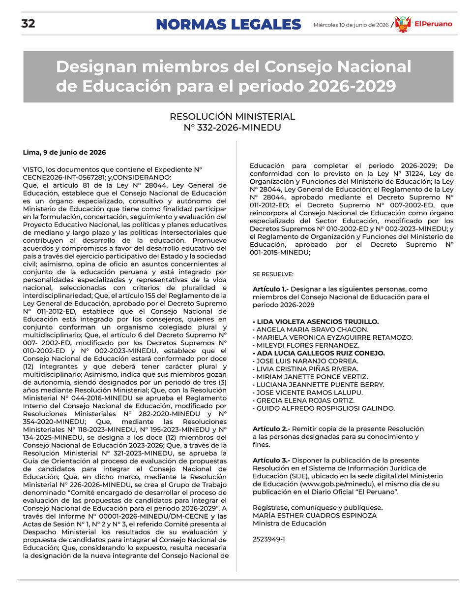 ASUPOficial's tweet photo. ASUP SALUDA LA DESIGNACIÓN DE LOS NUEVOS MIEMBROS DEL CONSEJO NACIONAL DE EDUCACIÓN
 
La Asociación de Universidades del Perú (ASUP) expresa su más cordial saludo a los nuevos miembros del Consejo Nacional de Educación (CNE) para el período 2026-2029, realizada mediante la Resolución Ministerial N.° 332-2026-MINEDU.
Felicitamos  a cada uno de los  profesionales que asumirán esta importante responsabilidad, de manera especial a la Dra. Lida Asencios; Past Presidenta de ASUP y a la Dra. Ada Gallegos; Directora Ejecutiva de ASUP, convencidos de que su experiencia, capacidad y compromiso contribuirán al fortalecimiento de las políticas educativas y al desarrollo de una educación de calidad para todos los peruanos.
Desde ASUP, institución que congrega  a las universidades públicas y privadas del país, les reiteramos nuestra disposición de colaborar con el Consejo Nacional de Educación en los esfuerzos orientados al fortalecimiento del sistema educativo y de la educación superior universitaria.
Deseamos a los nuevos consejeros una gestión exitosa en beneficio del desarrollo educativo y del futuro del Perú.