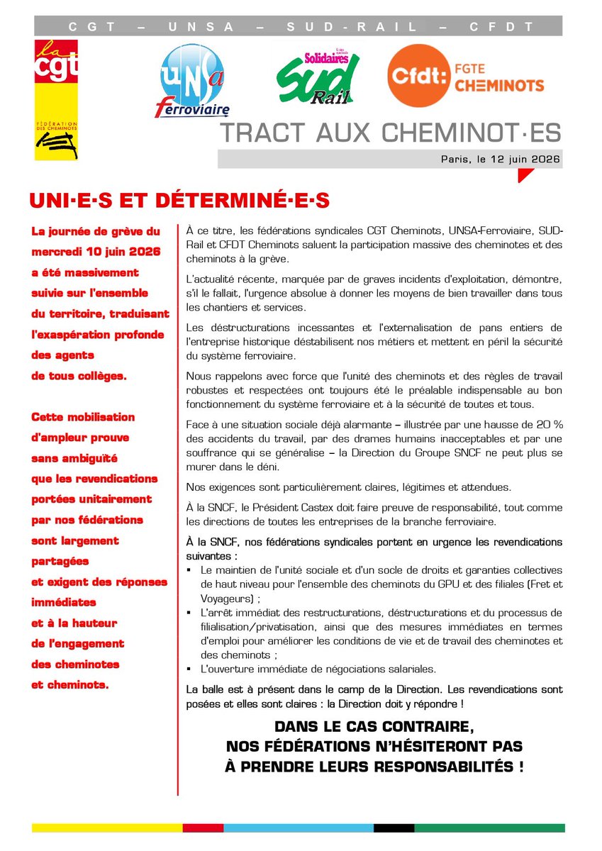 Fede_SUD_Rail's tweet photo. 🟢 Les cheminot•es ont lancé un message très clair à la direction #SNCF : nous sommes uni•es et déterminé•es ! 

👊 Si le PDG de la SNCF ne répond pas à nos revendications, il y aura inévitablement un nouveau conflit #social dans le #ferroviaire ! https://t.co/4ZwHvBhzgX