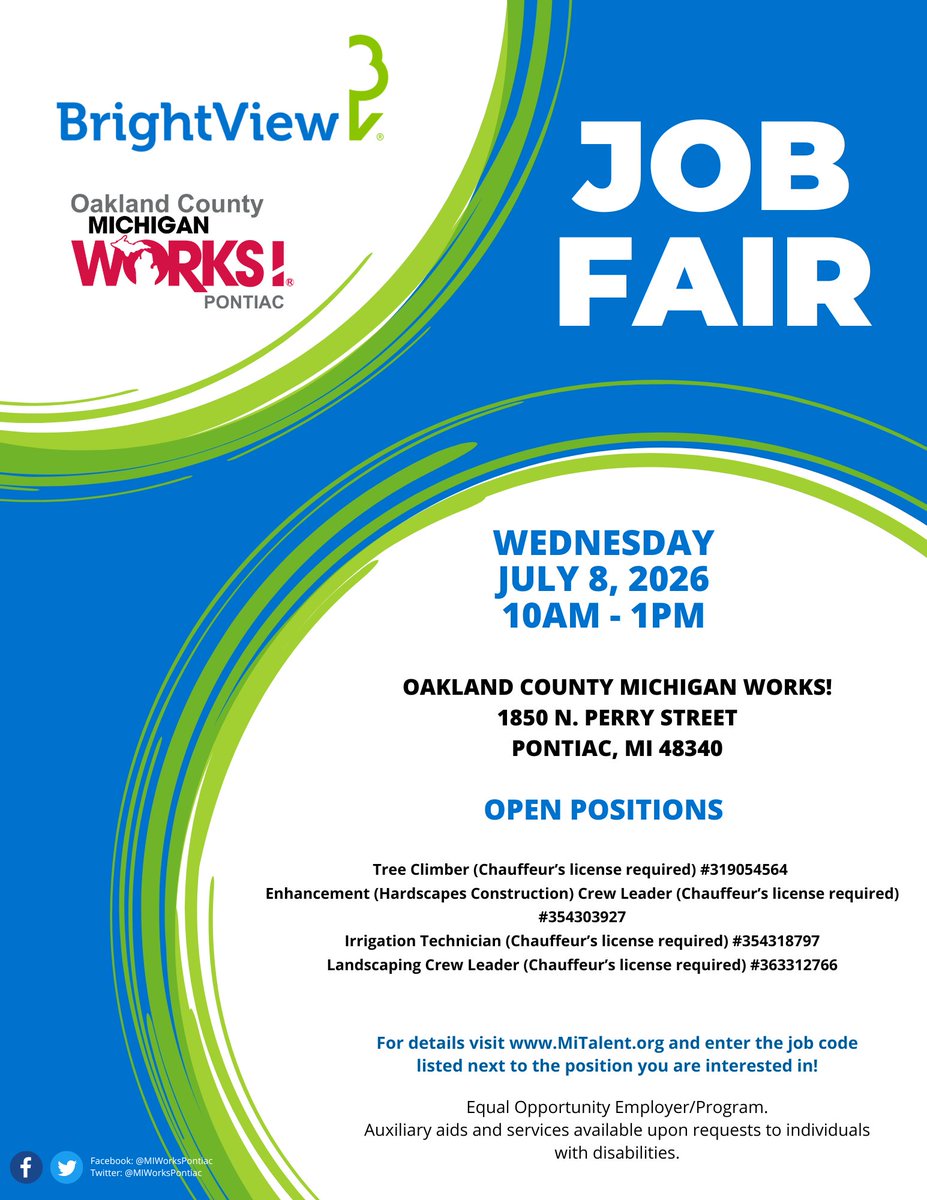 JLBVLSRecruiter's tweet photo. Join BrightView Landscapes at Michigan Works! Pontiac for a Walk-in Job Fair on July 8th between 10 am - 1 pm

Check out open roles here: https://t.co/lY1dnezUY4 https://t.co/kKQesYG0Hc