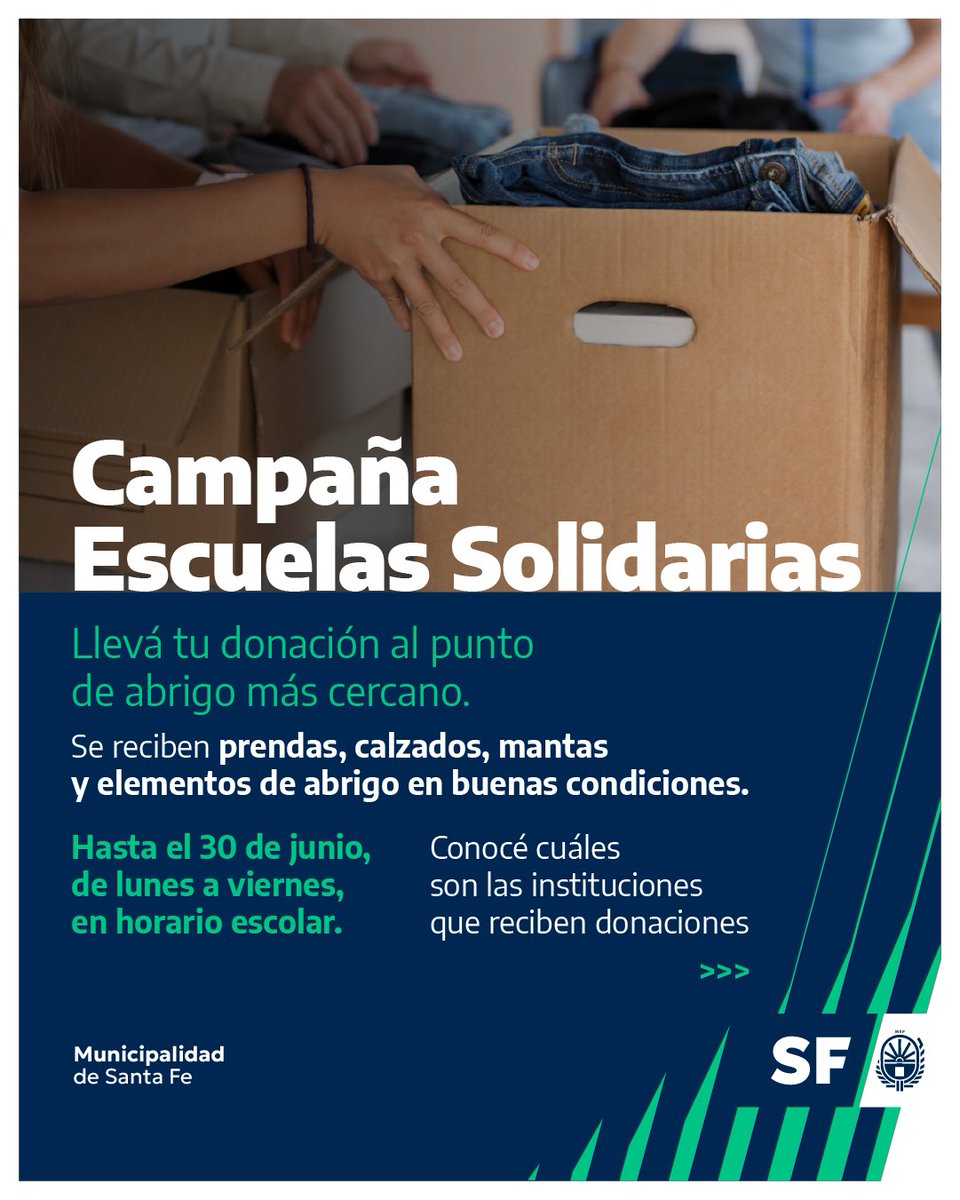 _SantaFeCapital's tweet photo. #Solidaridad 📦🧣 ¡CONTINUA LA CAMPAÑA "ESCUELAS SOLIDARIAS" EN SANTA FE!

Con el frío, nos unimos para ayudar a quienes más lo necesitan.  Toda la comunidad esta invitada a sumarse acercando sus donaciones al punto de abrigo más cercano.

❔ ¿Qué podés donar?
 Prendas de vestir, calzados, mantas y elementos de abrigo (deben estar limpios y en buenas condiciones).

🗓️ ¿Hasta cuándo?
 Tenés tiempo hasta el 30 de junio.

 ⏱️ Días y horarios: de lunes a viernes, en horario escolar (según cada institución), conocelas acá 👉 https://t.co/f4VGalBoUw
👉 Tu solidaridad abriga. ❤️