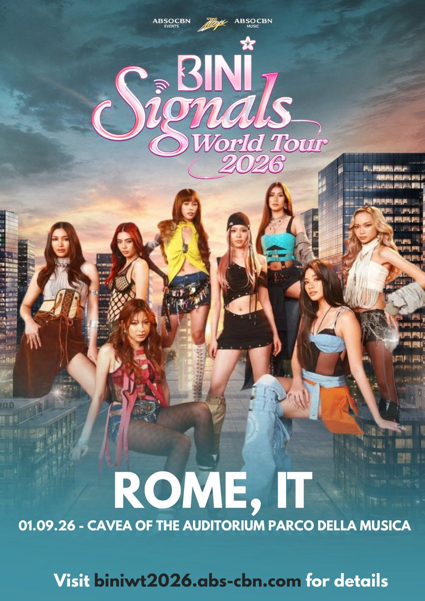 TEAMBLOOM_EUR's tweet photo. ROMA, SIETE PRONTI? ✨

BINI is heading to your city for a night full of music, passion, and pure energy. 💖

Don’t miss the chance to experience it live. Bring your Blooms and make it unforgettable. 🌸

📍 Auditorium Parco della Musica
📅 September 1, 2026
🎟 https://t.co/UovStzq4UO

Ci vediamo 🌸

#BINI
#BINI_SIGNALS_WORLDTOUR_2026 
#BINI_SIGNALS_TOUR