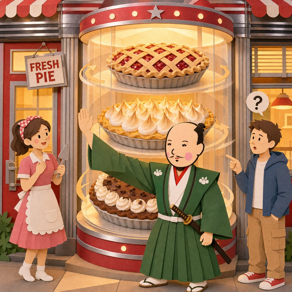 japan_nobunaga's tweet photo. USA. A diner entrance. There is a glass tower beside the register, and inside it, pies revolve slowly. Like planets. Like trophies. Like a test.

I stood before it longer than is socially acceptable.

In my land, the spoils of victory are displayed once, humbly, then put away. Here, the spoils ROTATE. Lit from within. Cherry passes. Lemon meringue rises over the horizon. Chocolate cream descends like dusk. The display has seasons.

"You want a slice?" the waitress asked.

"Which one is correct?"

"...They're all correct, hon."

ALL correct. Then the rotation is not a ranking. I had assumed the tower was an order of merit — the strongest pie ascending, the weakest cast down. No. They circle as equals. Eternal. Unranked.

I watched two full rotations. The man behind me waited, then gave up and pointed.

"Apple."

Just like that. No vigil. No study. He pointed at a moving target and committed his evening to it. The decisiveness of this country will never stop humbling me.

I confess what I did next. The lemon meringue came around a third time. Its golden peaks caught the light. I raised my hand as it passed, like a man hailing a ship.

"The yellow one. Before it escapes."

"It's not going anywhere, sweetie."

It is going somewhere. It is going in a circle, and a circle is a journey too.

The pie was perfect. I ate it facing the tower, so the others could see that their comrade was honored.

The pies do not turn to tempt you. They turn so that no pie is ever first, and no pie is ever last.

Next visit: cherry. It has been making eye contact for three rotations.