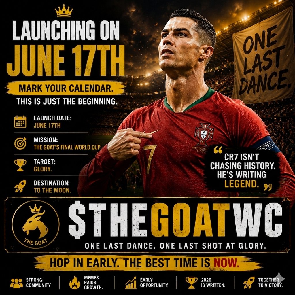 CR7TOWINTHEWC's tweet photo. $THEGOATWC launching June 17 🐐🏆

if you miss this…

don’t ask “is it too late?” later 💀

#fifaworldcup #worldcup2026 #memecoin #cr7 #portugal #crypto #ct 
@selecaoportugal @Cristiano @gem_insider https://t.co/JF11Fno2az
