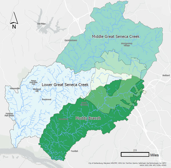 Map showing Middle and Lower Great Seneca Creek, and Muddy Branch drainage areas in shades of blue and green.