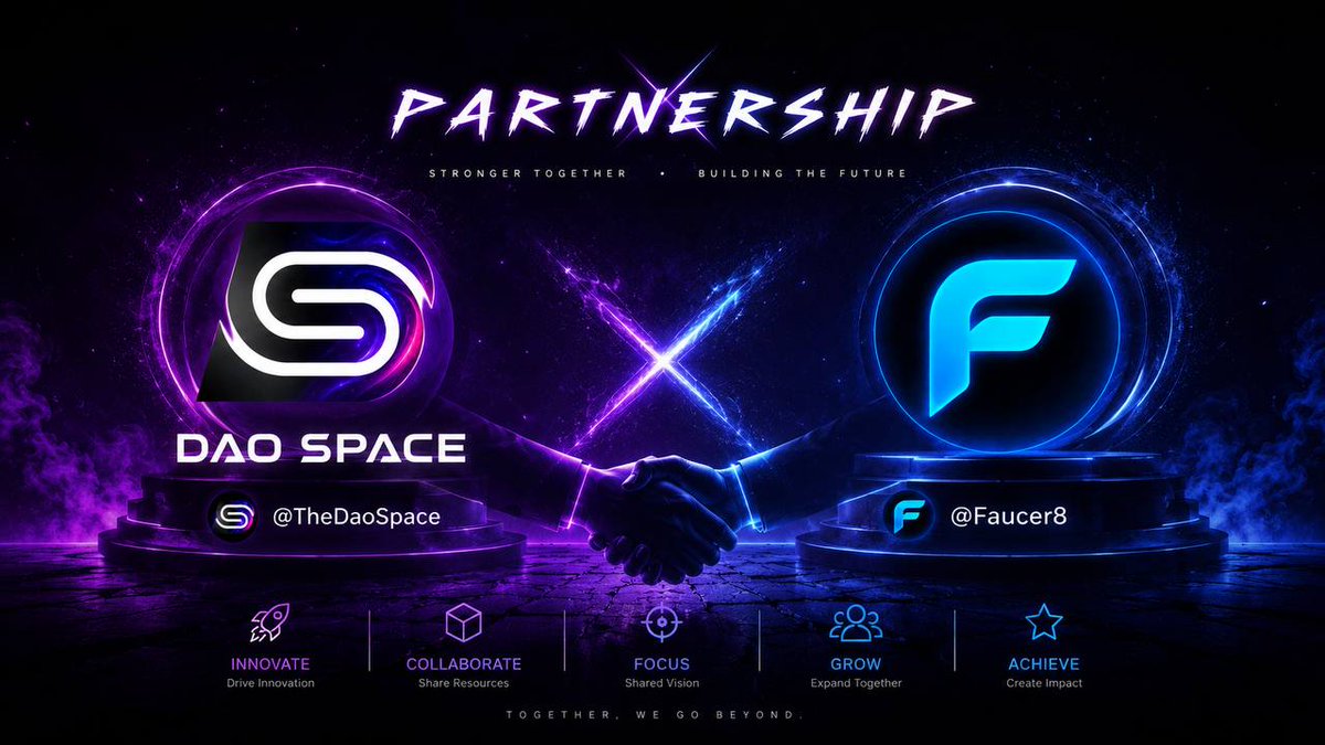 Faucer8's tweet photo. Great ecosystems aren't built by projects competing for attention.

They're built by projects creating value together.

That's why we're excited to welcome @TheDaoSpace  into the Faucer ecosystem.

Different visions.

Shared ambition.

One step closer to a more connected future. 🌍