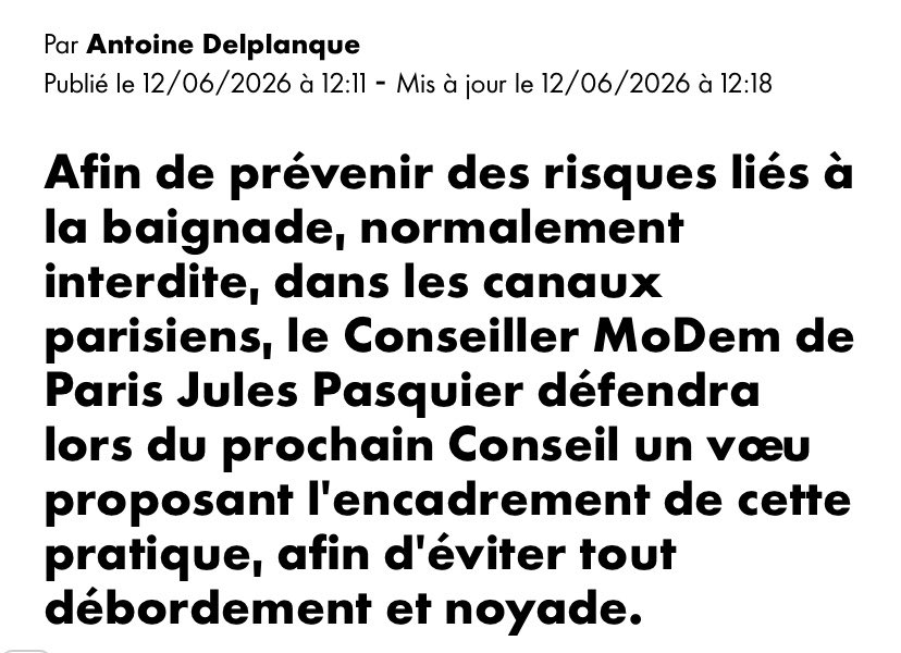 JulesPasquier18's tweet photo. 🗞️Baignade dans les canaux parisiens : il faut « agir avec pragmatisme» face aux pics de chaleur (…) et trouver un équilibre entre la sécurité de la baignade et la tolérance envers une pratique qui va se répéter. » ⤵️ https://t.co/WOQb6o2wF6… https://t.co/7YHvUhtv9a