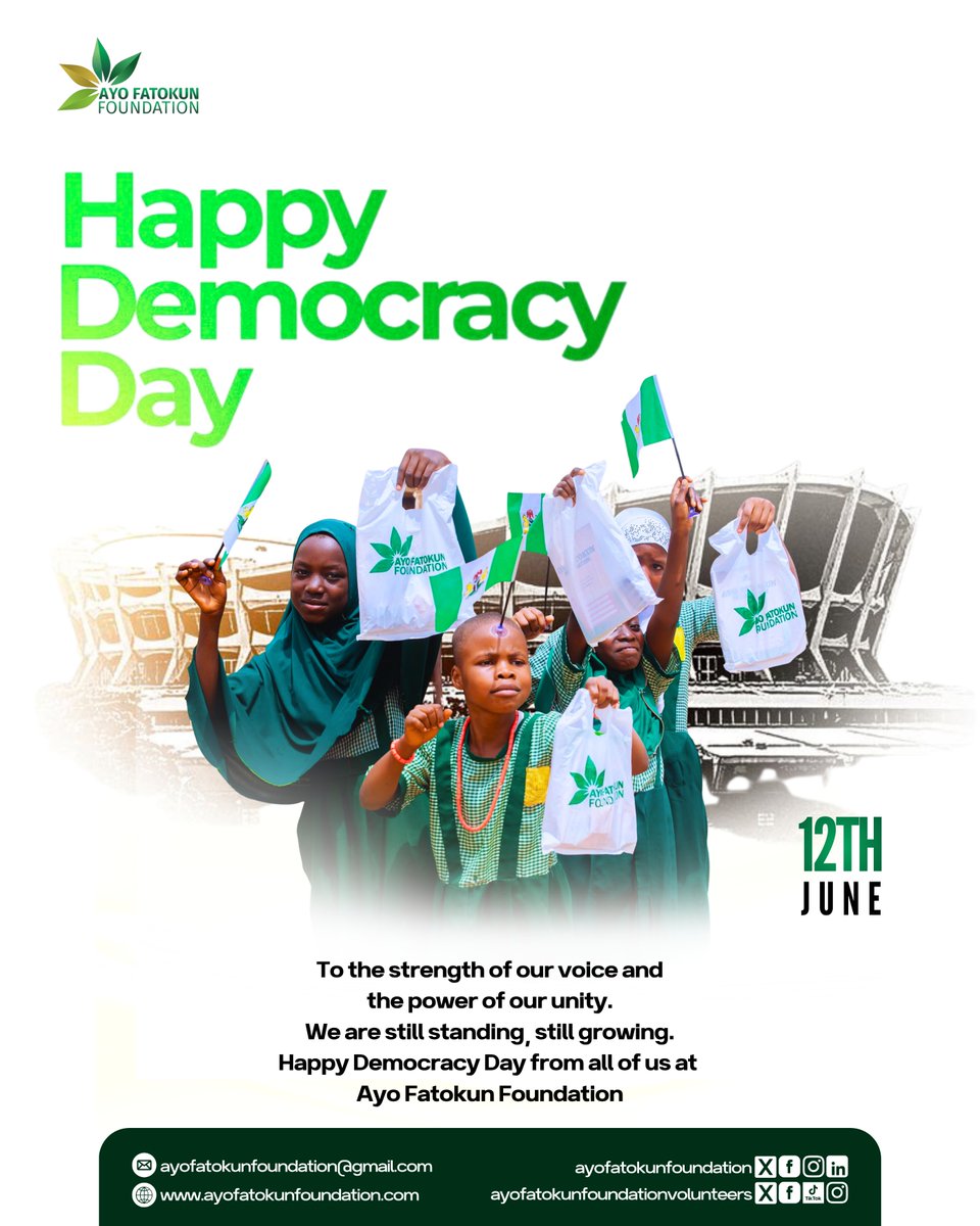 AyoF_Foundation's tweet photo. Today, we join all Nigerians in celebrating Democracy Day.

On this special day, we pray for peace across Nigeria, strength for our leaders, and lasting development that will benefit every home and community.

Happy Democracy Day from all of us at the Foundation https://t.co/oREGj52Udv