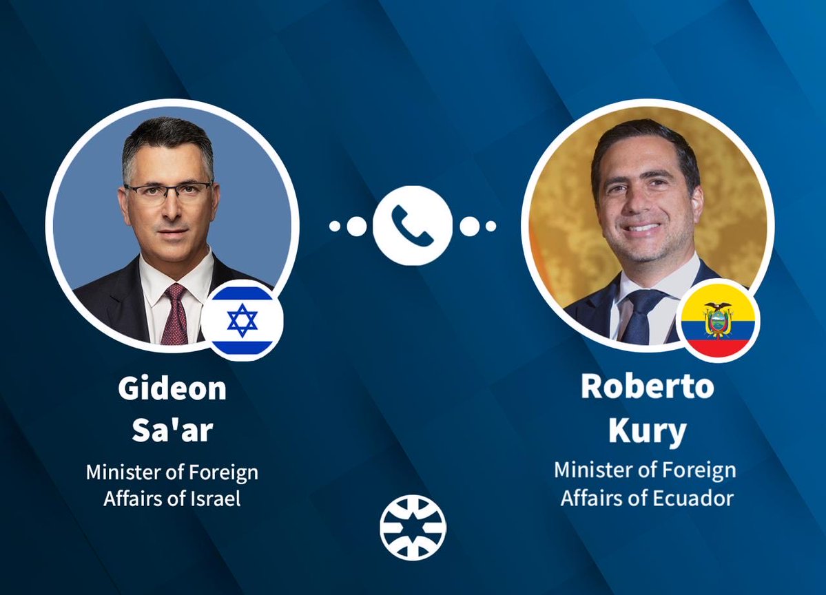 gidonsaar's tweet photo. Spoke with Ecuador's Minister of Foreign Affairs @robertokuryec. 
I congratulated him on his appointment and wished him success in his new role.
We agreed to soon hold a bilateral political dialogue. 
I told him that we’ll soon begin negotiations on a Free Trade Agreement.
We also discussed the situation in the middle east in light of the talks between the U.S. and Iran.
I invited the FM to visit Israel.
🇮🇱🇪🇨
