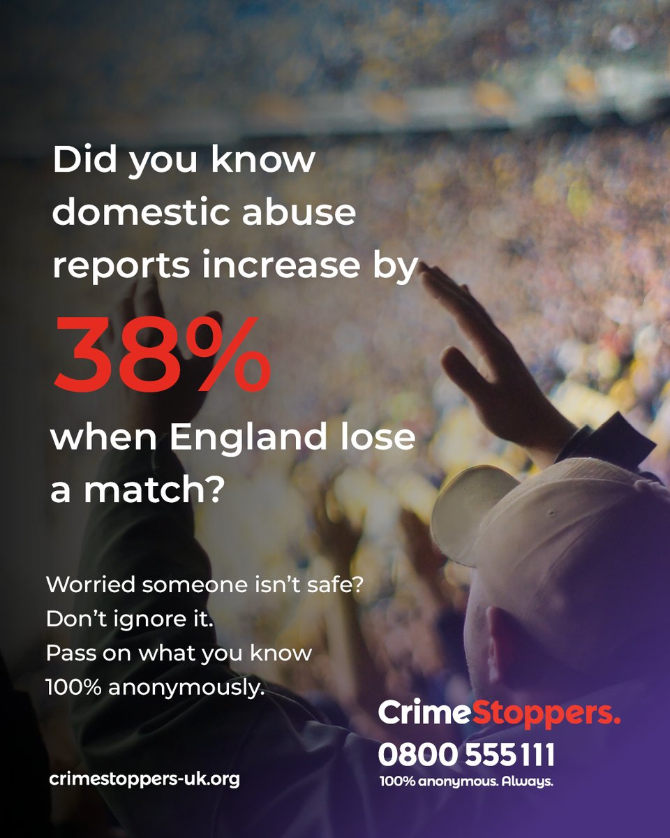 CrimestoppersUK's tweet photo. Our latest campaign highlights a concerning trend linked to major sporting events: a rise in domestic abuse and violence against women and girls.

Our partner @imabigroup explores why challenging harmful behaviours in football culture is so important.

🔗https://t.co/63FdXs6oov https://t.co/hRqghENjwp