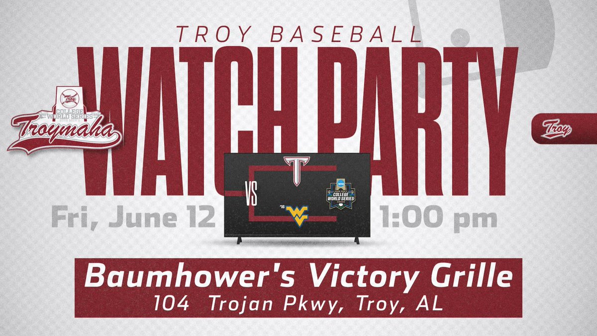 Baumhowers's tweet photo. ⚔️Hey Trojan Nation⚔️

Join us for a Trojan Watch Party TODAY at 1pm at Baumhower’s (Troy location) to watch your Trojans compete in the College World Series opener against West Virginia! ⚾️🔥🍗

@BobBaumhower 

#TroyBaseball #CollegeWorldSeries #Baumhowers https://t.co/yebjNhkocj