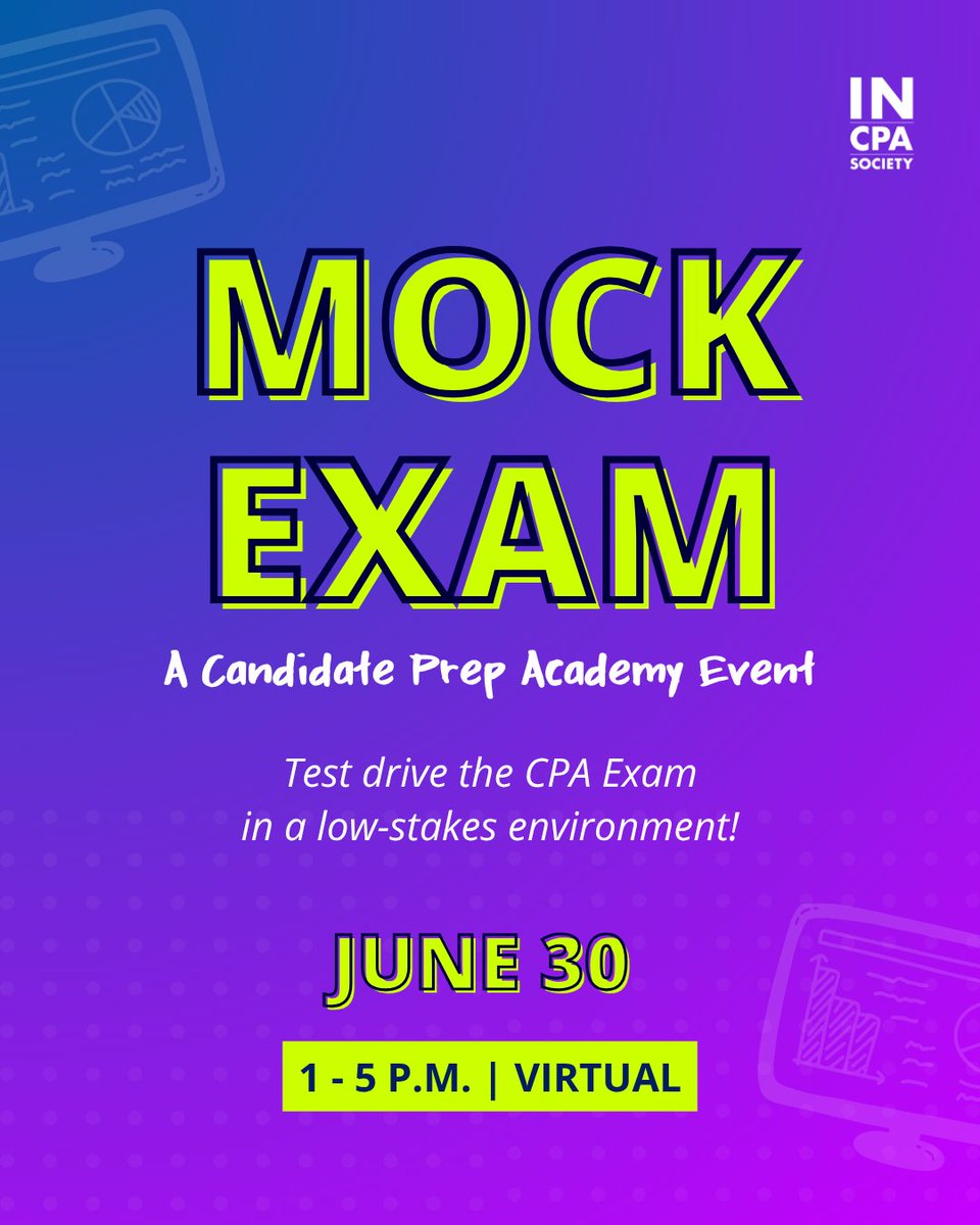 incpas's tweet photo. Our next Mock Exam is June 30! Join us virtually for a free simulation of the Exam section you want to work on most. This is for members and non-members!

Details + register here: https://t.co/96kmz6hruW https://t.co/kfFUttDTif
