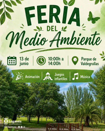 Leganes_MAmb's tweet photo. Mañana nos vemos en la Feria de Medio Ambiente.
El parque de Valdegrullas se va a convertir en una fiesta de medioambiente.
Música, magia, talleres, exposiciones, y muchas más sorpresas. https://t.co/yFhlfPwZFN