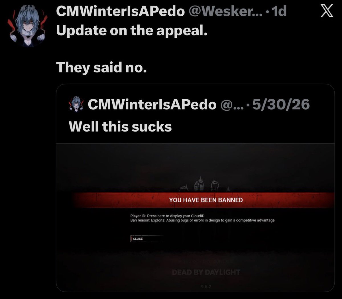 TheOnlyChoy's tweet photo. Bro got banned for cheating before the actual CMWinter. That’s wild. https://t.co/ybEqyjYufz