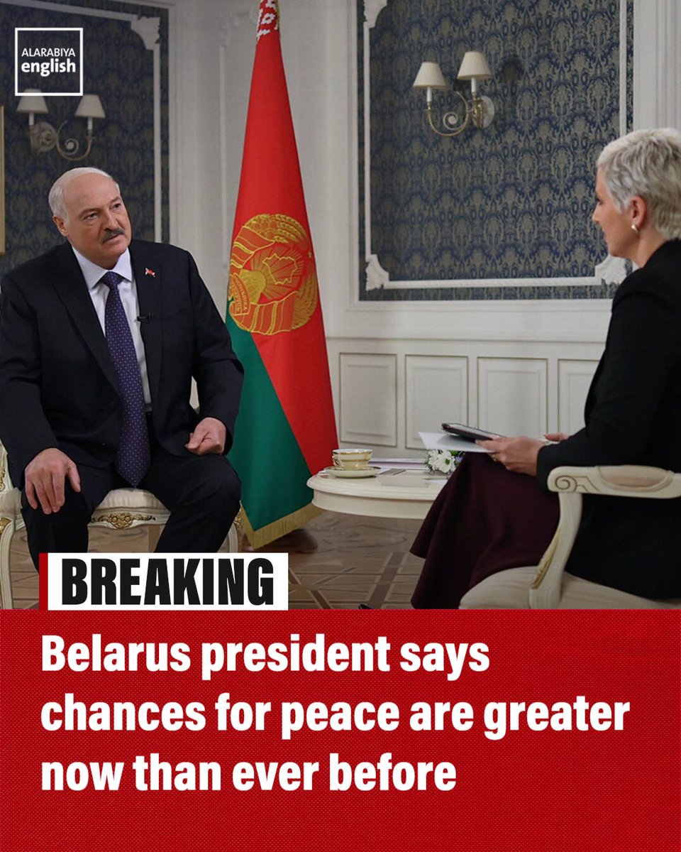 AlArabiya_Eng's tweet photo. “Chances for peace are greater now than ever before.”

Belarusian President Alexander Lukashenko in an exclusive interview with Al Arabiya. Watch on Monday at 18:00 GMT. https://t.co/tbqNBWDcQ2
