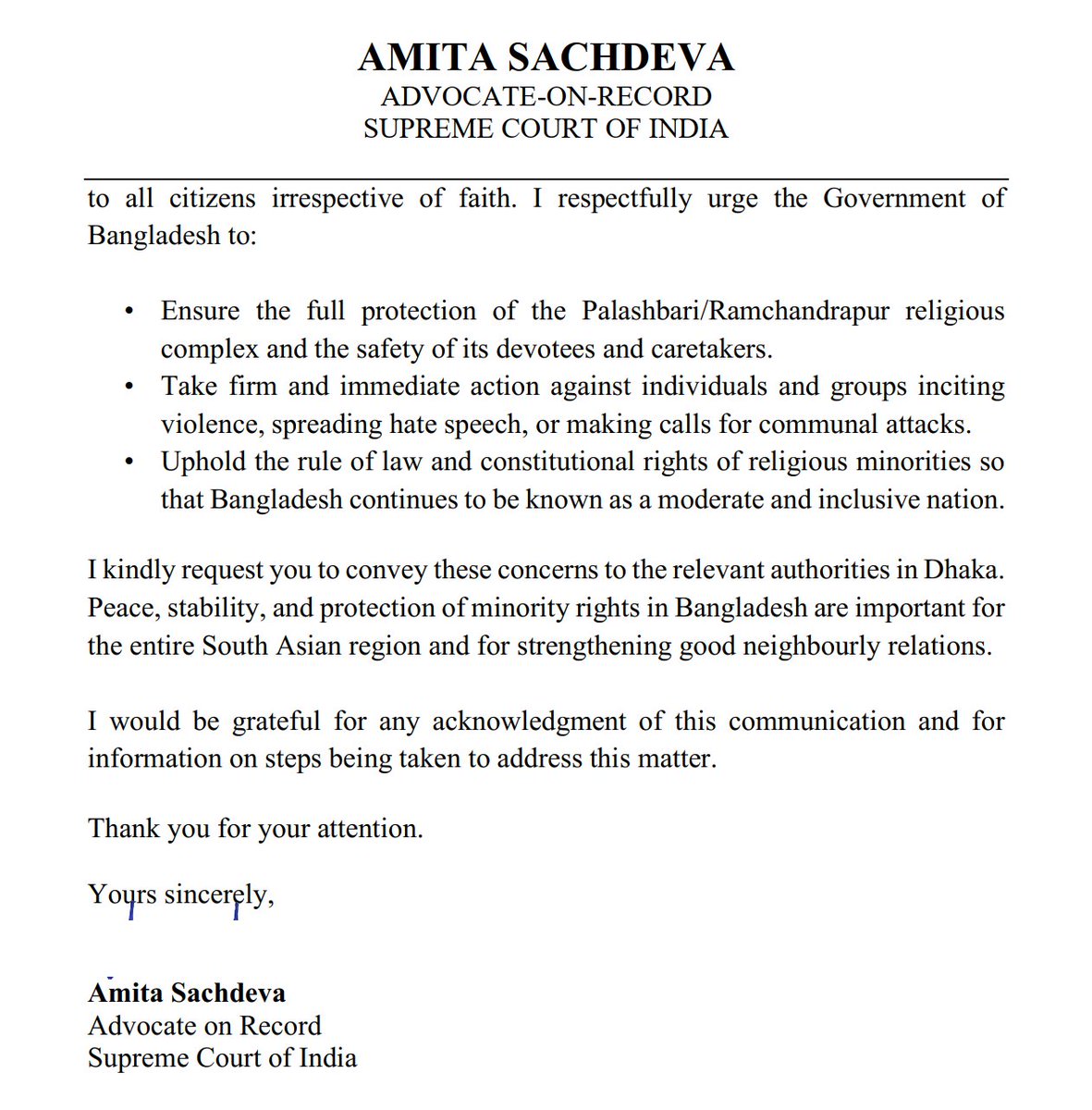 SachdevaAmita's tweet photo. 🕉️ Thank you, @salah_shoaib Ji, for raising your voice and sharing this critical information.

I have done my duty as an Indian citizen by writing a formal letter today to His Excellency the High Commissioner of Bangladesh in New Delhi (@bdhc_delhi), urging immediate protection of the Sanatan religious complex and the idols of Lord Ram, Lord Shiva, and Lord Krishna in Gaibandha.

We must all raise our voices peacefully for the safety of our sacred heritage and the protection of Hindus in Bangladesh. 

#SaveGaibandhaTemple #ProtectBangladeshHindus 🙏