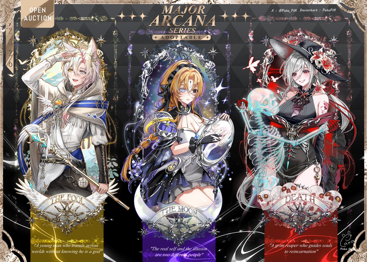 Paka_PM's tweet photo. [OPEN AUCTION] Adoptable Major Arcana series 
[Bids can be made via replies/DM or on the DeviantArt website]
#openauction #adoptable #vtuber https://t.co/yEmJBXos21