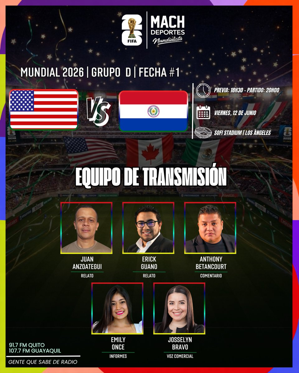MachdeportesFM's tweet photo. 🏆 COPA MUNDIAL 2026 🌎 | MatchDay

⚽ Grupo D - Fecha 1 | 🇺🇸 Estados Unidos 🆚 🇵🇾 Paraguay

🎙️ Relatos: #JuanAnzoategui - @ErickGuanoS 
🎤 Comentarios: @Anthonyalexis88 
📋 Informes: @EmilyOnce5  
🎙️ Voz comercial: #JosselynBravo
📻 91.7 FM Quito - 107.7 FM Guayaquil

🤳🏼 #LaDinastíaContinúa #Mundial2026 #MachDeportes #GenteQueSabeDeRadio #GrupoD