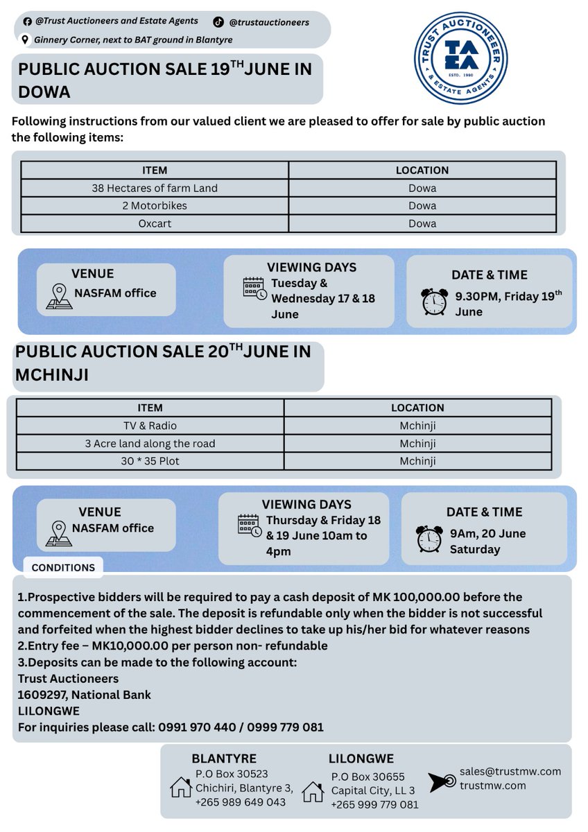 TrustAuction's tweet photo. ⚠️Auction Alert⚠️
Acting on behalf of our client, we are pleased to sell by auction the following items displayed on the flyers 📢
A chance for our northerners, and central region clients to win big, don't miss out!!!!!!
#auctioneer #auctionday https://t.co/X7fXJO4yC7