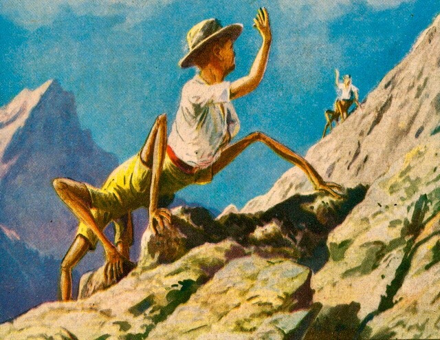 archaeologyart's tweet photo. Alternative Human Evolution, color printed magazine illustration. Artist: Lucien Rudaux, c. 1938.

This illustration is linked to the work of French astronomer and illustrator Lucien Rudaux and naturalist and sci-fi writer René Thévenin, whose concepts for speculative human-animal hybrids were published in 1938 in The American Weekly, a Hearst Sunday supplement. Making its way across a rocky mountain slope, the figure - combining a human torso with insect legs - reflects one of these visions of alternative evolution. In the same context, designs of humans with gills, octopus tentacles, or firefly-like bioluminescence were also presented to readers right at the boundary of popular science and fantastical imagination.

Lucien Rudaux wasn't just an illustrator of fantastical imagery. As an astronomy writer and observer, he's also recognized as a pioneer of early space art, known for depicting lunar and planetary landscapes grounded in scientific data.