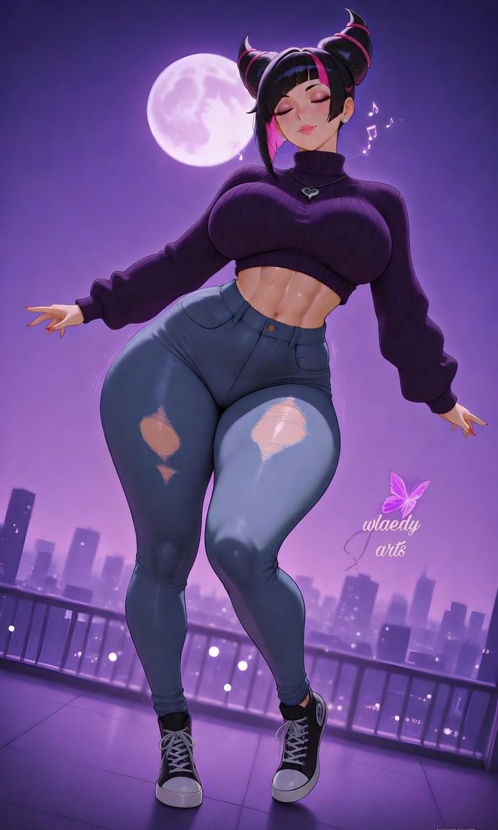 wlaedy_arts's tweet photo. 🌙 Yuri Han dancing under the full moon on a rooftop, lost in her own rhythm 🎵

The city glows below, but tonight she's the brightest light ✨🦋
She didn't come to fight — she came to feel 💜
#YuriHan #StreetFighter6 #SF6 #AIArt #AnimeArt https://t.co/MWPqkuUYOz