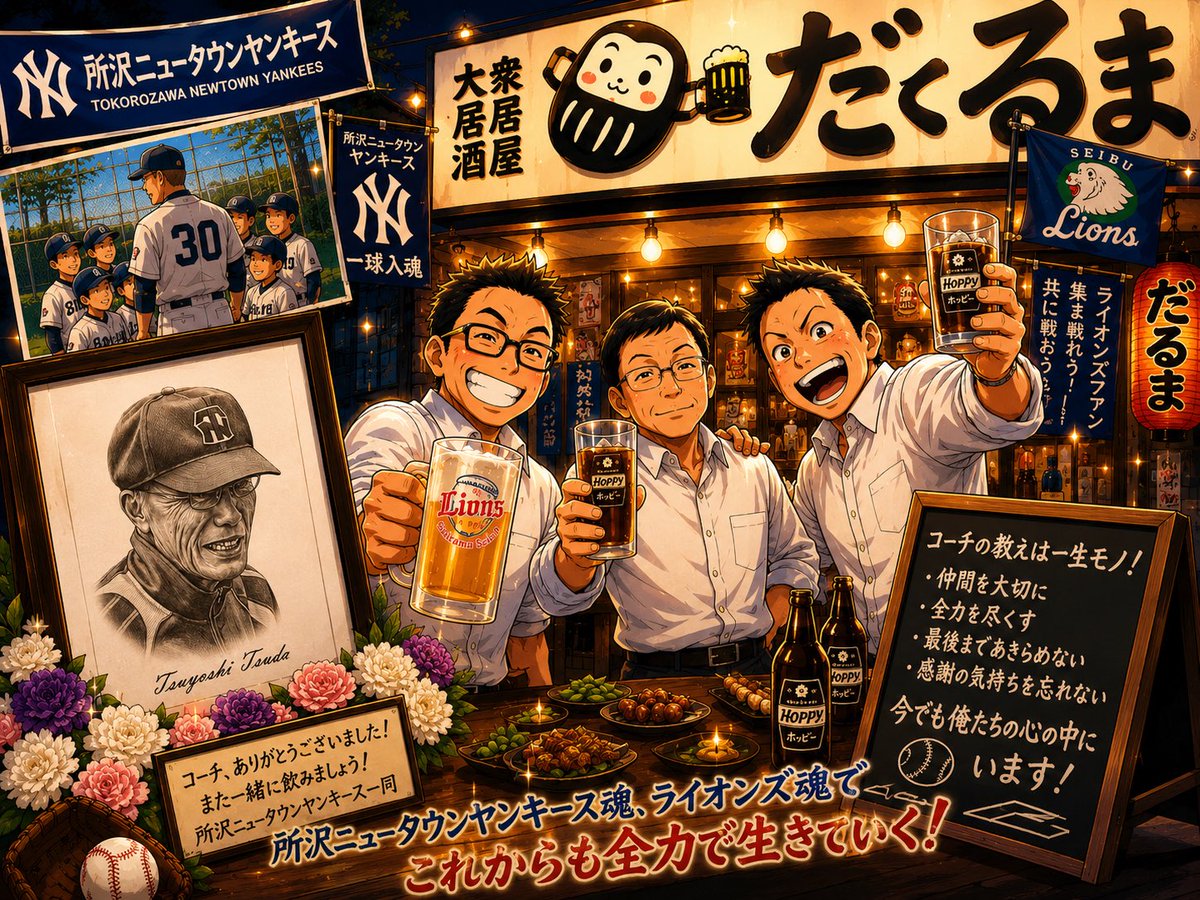 wisekobayashi's tweet photo. 葬儀場から所沢駅に戻る途中に『だるま』さんで献杯🍺献杯という感じではありませんが、声が大きくて元気なコーチでしたから許してくれると思います😆ありがとうございました🙇‍♂️

#所沢ニュータウンヤンキース https://t.co/CZ0MwCLncZ