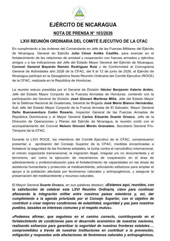 EjercitoNic's tweet photo. #NOTADEPRENSA | El @EjercitoNic participó en la Sexagésima Sexta Reunión Ordinaria del Comité Ejecutivo (ROCE) de la #CFAC, realizada en la República de #Honduras. #TodoPorLaPatria https://t.co/JgxZb9BF1g