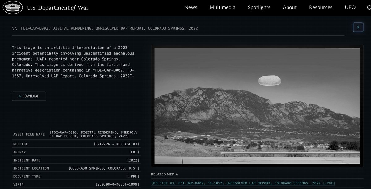 jaggipsontv's tweet photo. In today's 3rd tranche of #UFO files the @DeptofWar shares an illustration of a Colorado report. @rosscoulthart broke that story first for @NewsNation last year. Watch the intv now: https://t.co/bftydphCGp https://t.co/lo57sbV1Ds