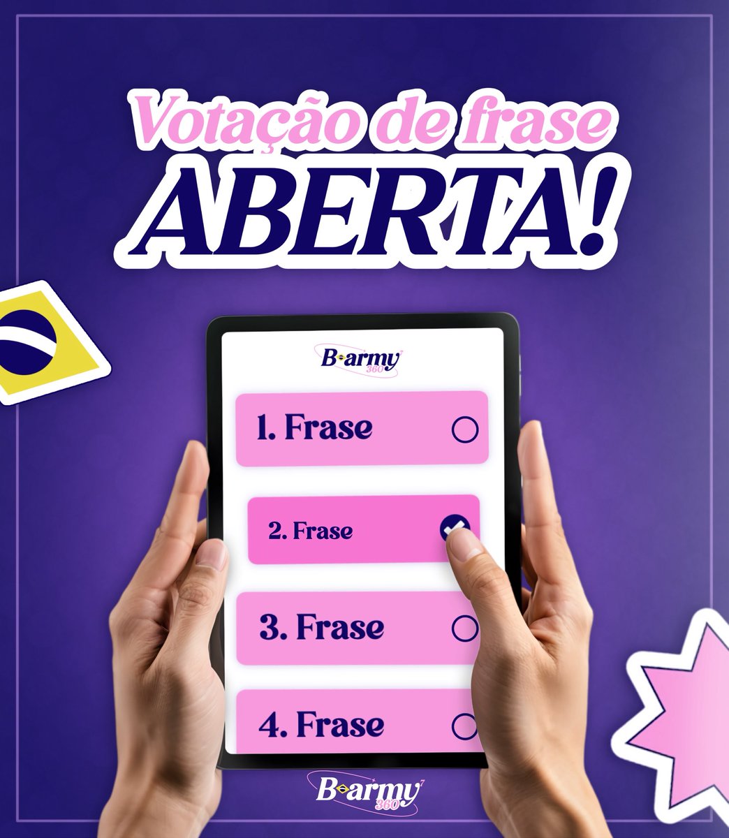 itsjeonjm's tweet photo. 🚨 | ATENÇÃO! Votação de frases

As votações estão abertas até o dia 15/06, às 23h59!

Cada participante poderá votar em até 3 frases diferentes. Não deixe de participar e ajudar a escolher a frase vencedora.

#BARMY360
VOTA NA FRASE BARMY
#BARMY360HandBanner

🔗 | Link: https://t.co/kFmBMbnM1U
