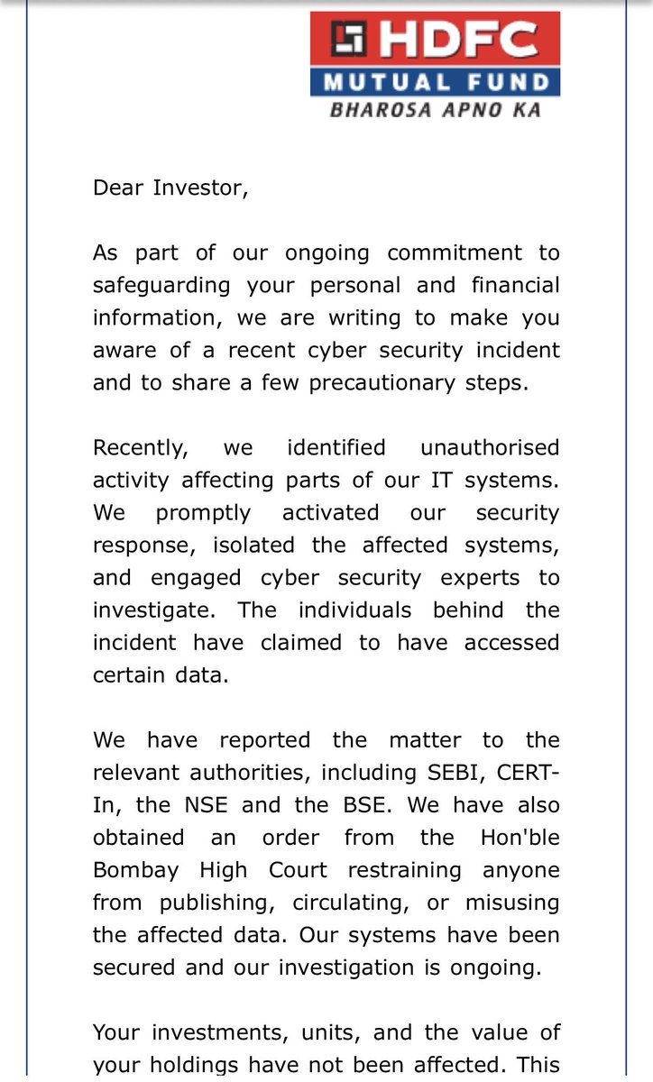 9_6's tweet photo. Hey @hdfcmf, from this - it’s apparent you have had a data breach and data is out there.

Can you advise what the dataset was and what you’re doing to protect customers? Court orders don’t mean anything to foreign threat actors. https://t.co/7dkKK5IQbF