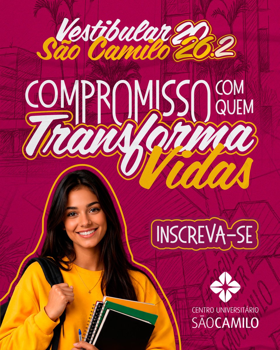 saocamilosp's tweet photo. 🎓 Vestibular São Camilo 2026.2!

✅ Ingresso com nota do ENEM
✅ Redação agendada
✅ Aproveitamento de processos anteriores

Inscrições até 27/08/2026
 https://t.co/eM6dPCYJoe https://t.co/fK2EeBzJ8t