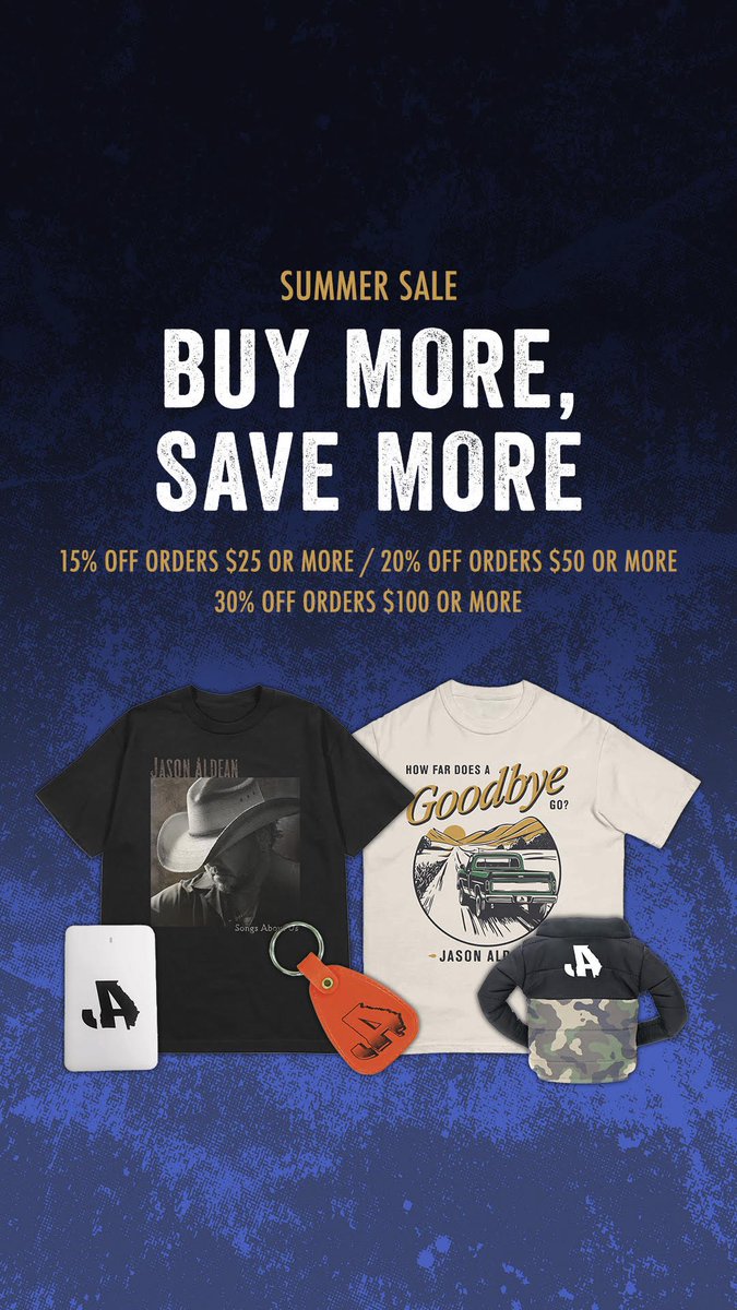 Jason_Aldean's tweet photo. The Summer Sale is here. Grab your gear and we’ll see u guys on the road this summer! https://t.co/l3BzStQBla https://t.co/U5ZD3vN5Lk