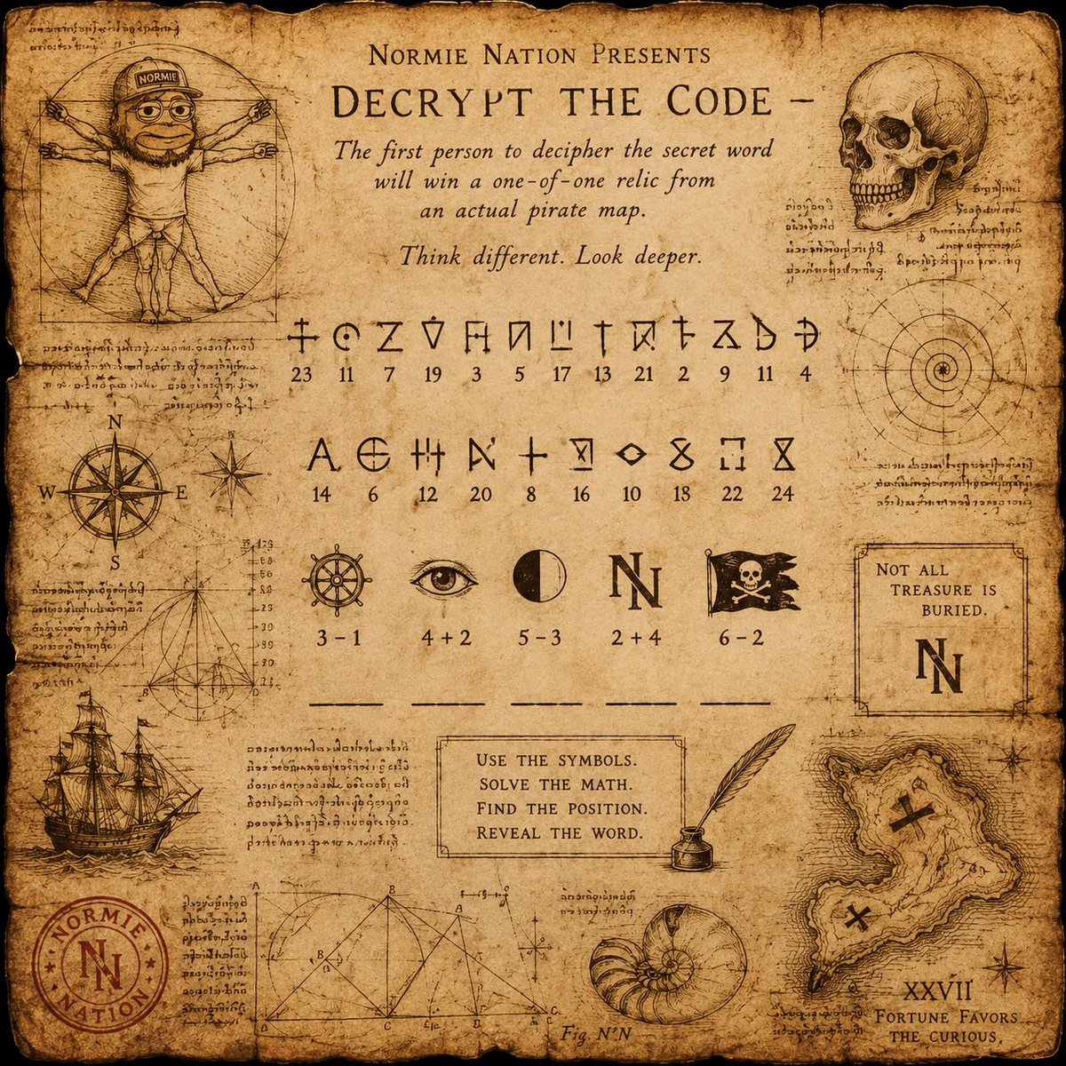 NormieCEO's tweet photo. Leonardo da Vinci left clues in plain sight.

So did pirates.

So did I.

A secret word is hidden somewhere in this image.

Find it first and I’ll send you a one-of-one relic connected to an authentic pirate.

Tick tock.

Repost this with your guess you only get one so make it good.