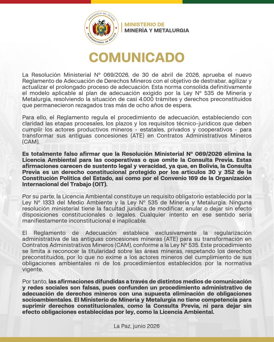 minmineriabo's tweet photo. 📢 #ComunicadoOficial

Ante la difusión de información falsa en medios de comunicación y redes sociales, el Ministerio de Minería y Metalurgia aclara a la población que la Resolución Ministerial N.º 069/2026 NO elimina la Consulta Previa ni la Licencia Ambiental. https://t.co/r9fv4F3yEk