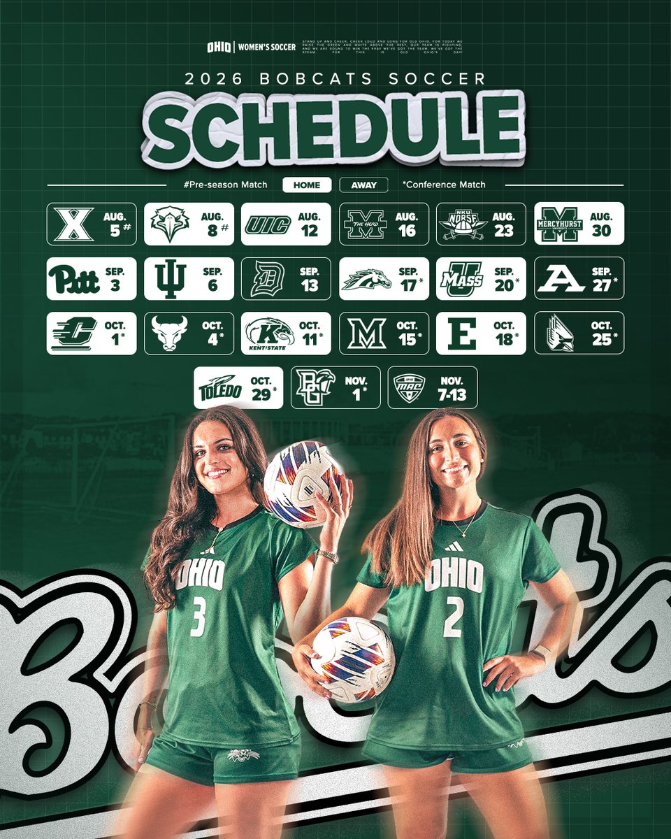 OhioWSoccer's tweet photo. 🗓️ ⚽ 𝙈𝙖𝙧𝙠 𝙩𝙝𝙤𝙨𝙚 𝙘𝙖𝙡𝙚𝙣𝙙𝙖𝙧𝙨, 𝘽𝙤𝙗𝙘𝙖𝙩𝙨! 𝙏𝙝𝙚 𝟮𝟬𝟮𝟲 𝙨𝙘𝙝𝙚𝙙𝙪𝙡𝙚 𝙞𝙨 𝙝𝙚𝙧𝙚!

Full Schedule: https://t.co/udKIpVqX4n
Read More: https://t.co/Hfrzkx7MI7

#OUohyeah https://t.co/hDxY6WPU0G
