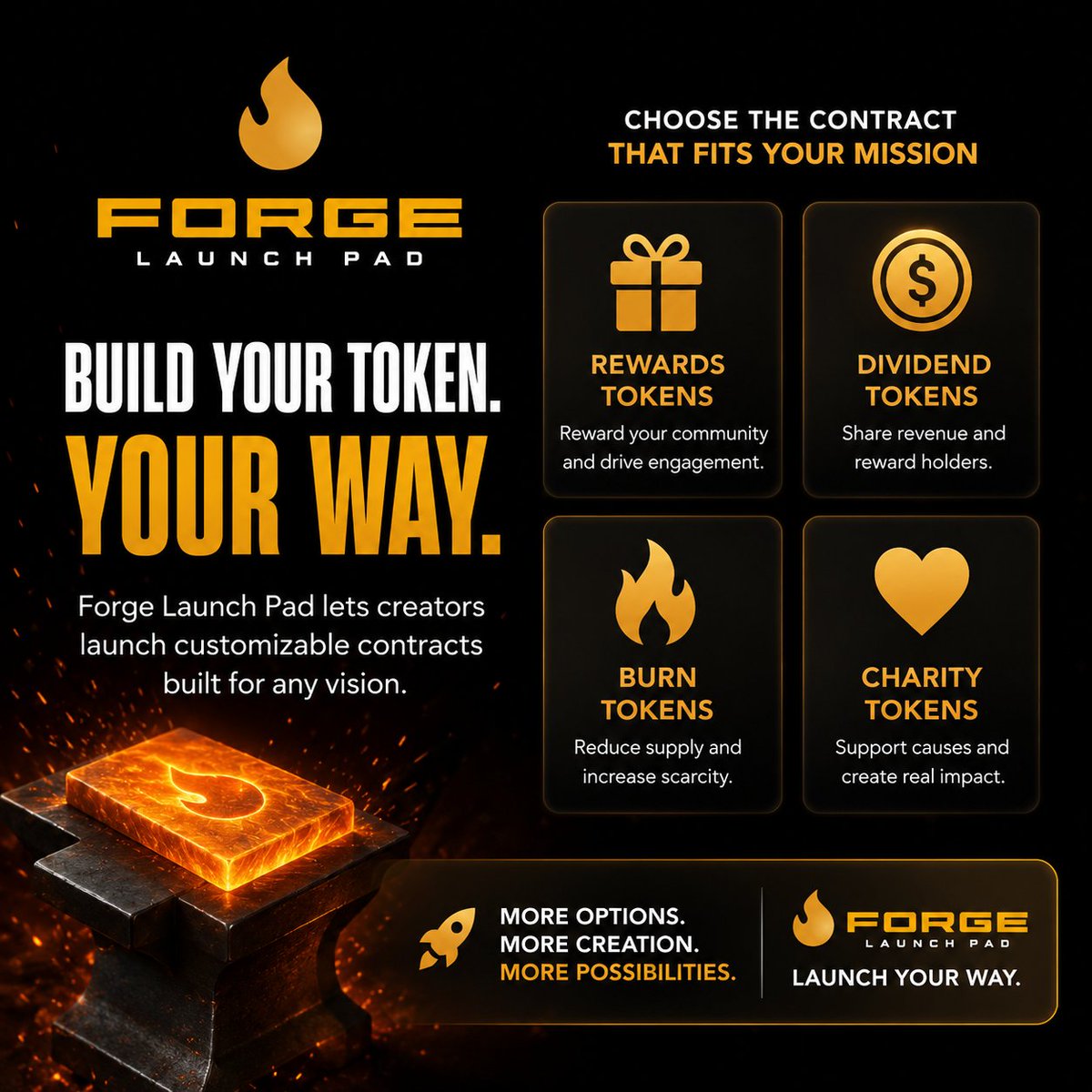 ForgeLaunchPad's tweet photo. Not every token should be the same.

With Forge Launch Pad, creators can launch customizable contracts including:

🎁 Rewards Tokens
💰 Dividend Tokens
🔥 Burn Tokens
❤️ Charity Tokens

More flexibility. More creativity. More ways to build your project exactly how you envision it.

🚀 Launch your way on Forge Launch Pad.