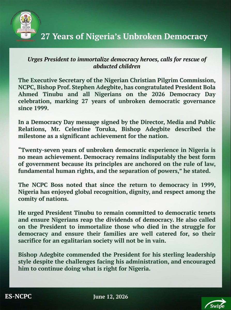 NGChrisPilgComm's tweet photo. NCPC BOSS BISHOP ADEGBITE CONGRATULATES TINUBU, NIGERIANS ON 27 YEARS OF UNBROKEN DEMOCRACY

Urges President to immortalize democracy heroes, calls for rescue of abducted children

ABUJA – The Executive Secretary of Nigerian Christian Pilgrim Commission, NCPC, Bishop Prof Stephen https://t.co/HWgJhV7QDs