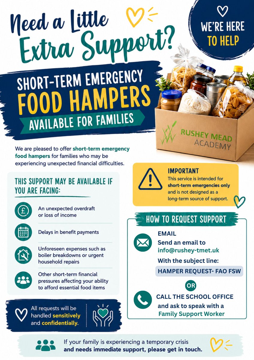 RusheyMeadAcad's tweet photo. 💚 No family should have to face difficult times alone.
Our short-term emergency food hampers are available to support families experiencing unexpected financial pressures.
If you need support, please reach out — we’re here to help. https://t.co/iCPFcFGaUE