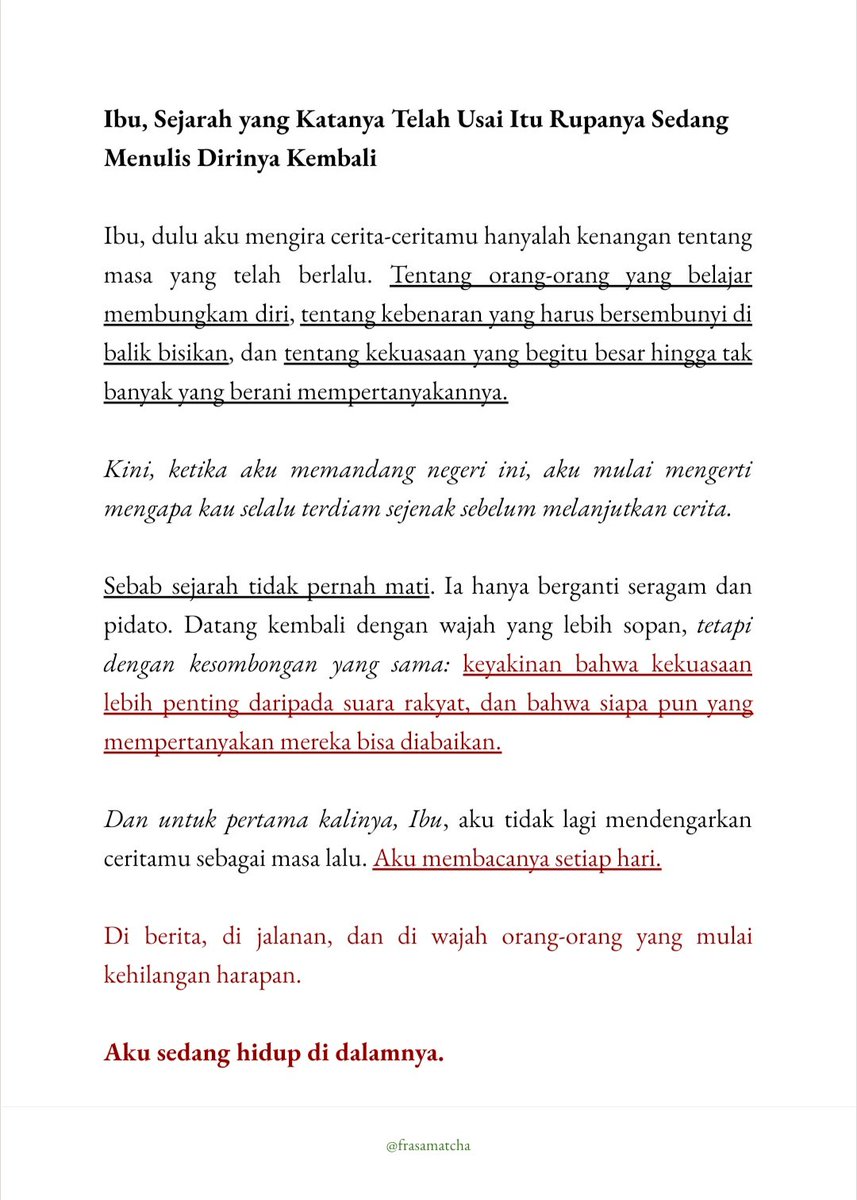frasamatcha's tweet photo. Ibu, doakan aku tetap menemukan cahaya di negeri yang kian kehilangan arah https://t.co/ZNQ335sgPP