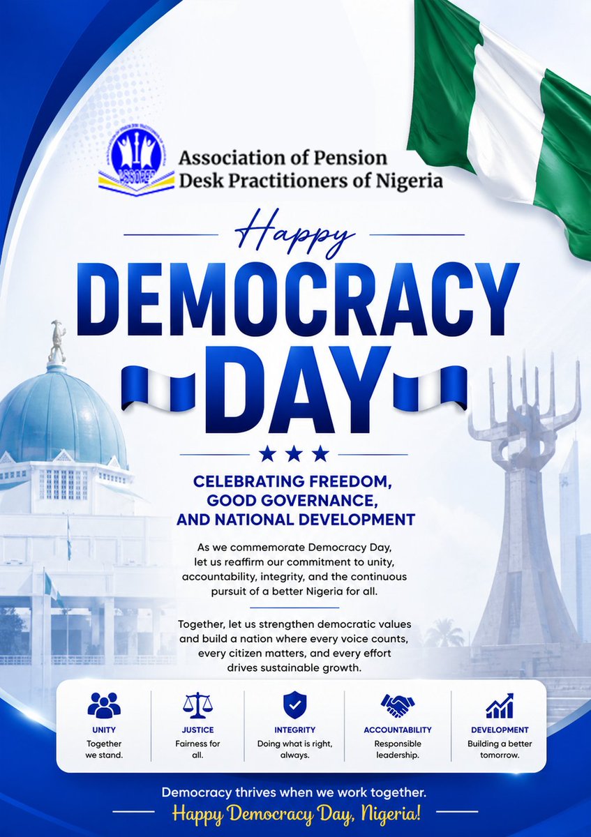 ASSOPEP1's tweet photo. HAPPY DEMOCRACY DAY NIGERIA!
Today, we celebrate the strength of our democracy, the resilience of our people, and the shared responsibility of building a better nation for all
As we commemorate Democracy Day, let us continue to promote good ... read more in image description.. https://t.co/5NBgkH3YvB
