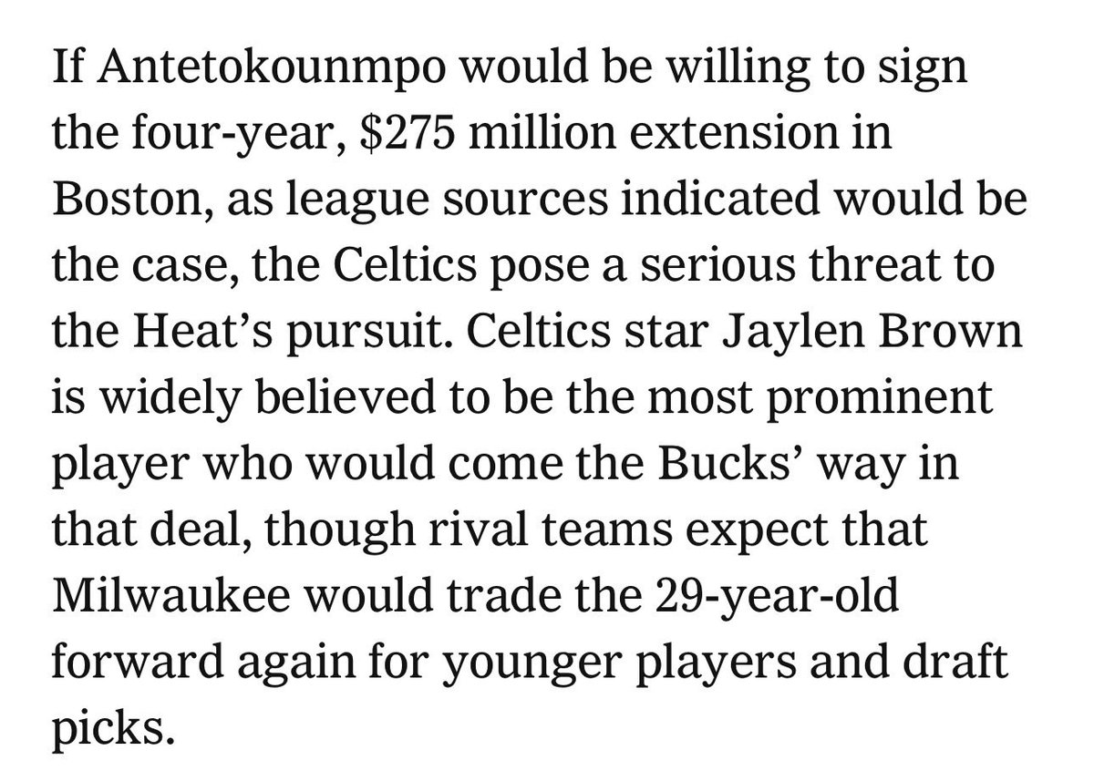 BobbyKrivitsky's tweet photo. On Giannis and the Celtics:

“If Antetokounmpo would be willing to sign the four-year, $275 million extension in Boston, as league sources indicated would be the case, the Celtics pose a serious threat to the Heat’s pursuit.” https://t.co/hJPPbQXRly