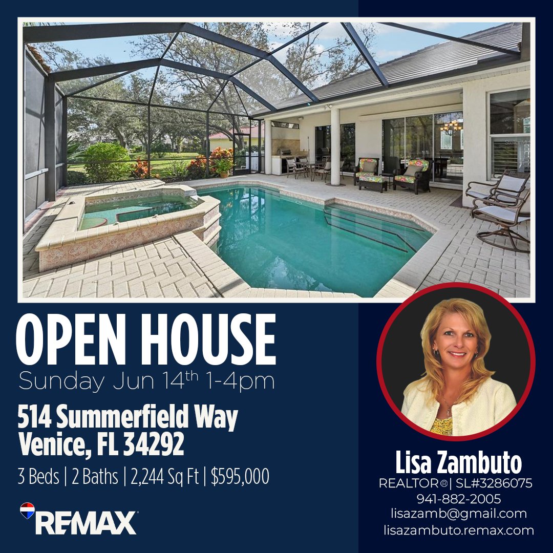 LisaZambRHOADES's tweet photo. 🌴 OPEN HOUSE 🏡

514 Summerfield Way, Venice, FL 34292 | $595,000
3BR | 2BA | 2,244 sq ft

Private pool &amp; spa, water views, oversized lot, and a split layout 🌊☀️
Roof (2017) + pool cage (2016) 🔧
Sun Jun 14 | 1–4 PM ⏰ https://t.co/awvSvB1OMw