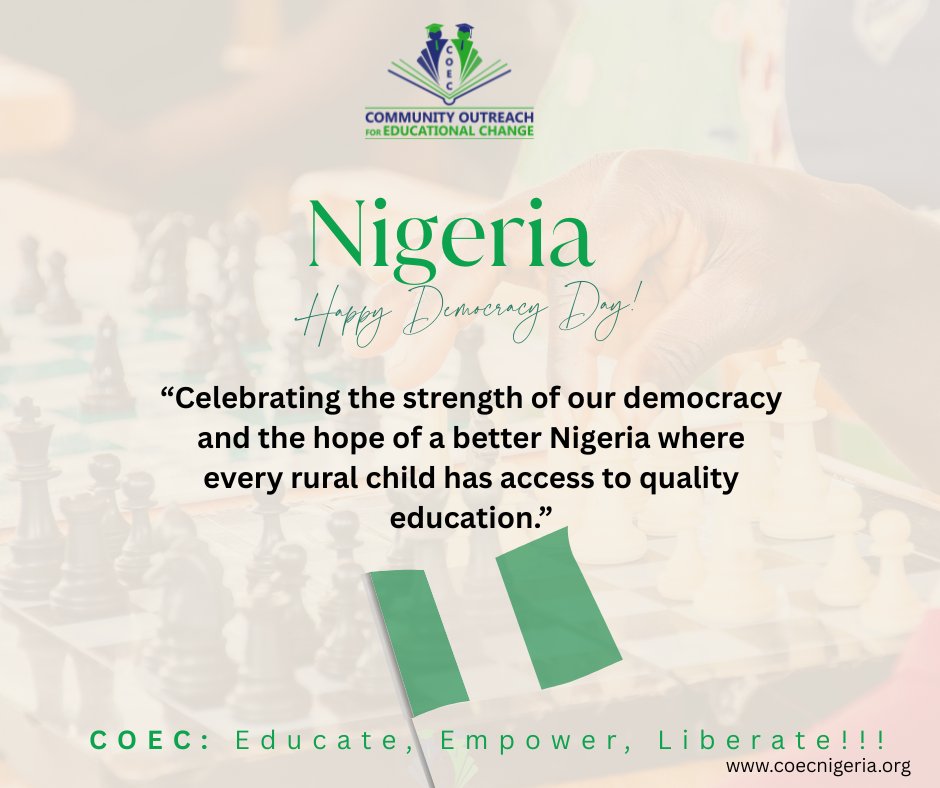 coec_ng's tweet photo. Democracy Day 2026

COEC Nigeria joins the nation in marking Democracy Day.

We call for the safe release of all abducted persons, especially children, and reaffirm our commitment to safe, quality education for every child.

Happy Democracy Day, Nigeria.
— COEC Nigeria https://t.co/8pjj1TOFoB