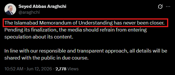 KobeissiLetter's tweet photo. BREAKING: Iran's Foreign Minister Araghchi says the Islamabad Memorandum of Understanding "has never been closer."

"In line with our responsible and transparent approach, all details will be shared with the public in due course," he says. https://t.co/SQ5RXB1Kyb